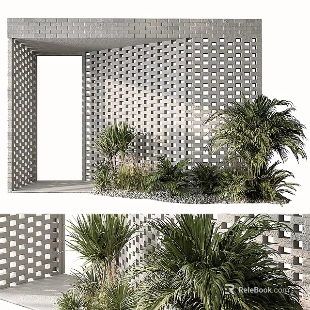 Modern Feature Wall with Perforated Grid Design and Surrounding Tropical Greenery Plants 3d model