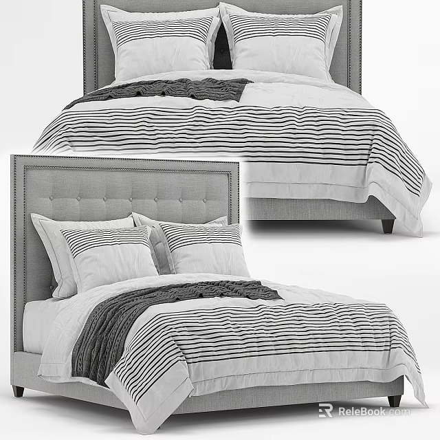 Modern Double Bed with Gray Upholstered Headboard Striped Bedspread and Pillows 3d model