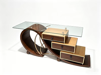 Modern Coffee Table With Glass Top And Three Wooden Drawers Curved Structure 3d model