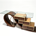 Modern Coffee Table With Glass Top And Three Wooden Drawers Curved Structure