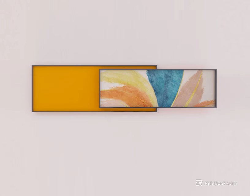 Abstract Wall Art With Solid Yellow And Colorful Abstract Pattern Paintings In Black Frames 3d model