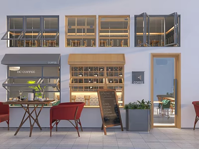 Coffee Shop Storefront with Open Windows Display Shelves Outdoor Seating Chalkboard Menu and Potted Plant 3d model