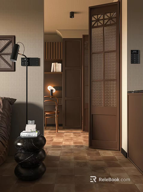 Modern Study Room Interior Design With Rattan Lattice Door Bookshelf With Books And Floor Lamp 3d model 