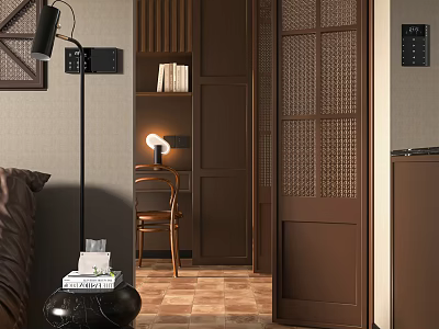 Modern Study Room Interior Design With Rattan Lattice Door Bookshelf With Books And Floor Lamp 3d model