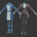 Blue White Coat And Brown Striped Skirt Sets With Yellow Trim And Boots