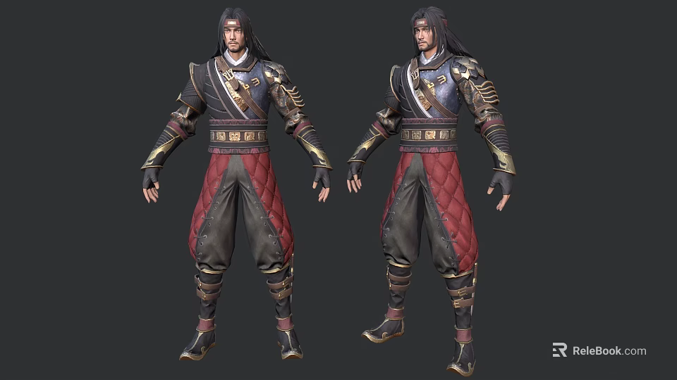 Man in Traditional Warrior Costume with Red Black Quilted Pants and Gold Decorative Armor Details 3d model 