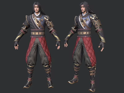Man in Traditional Warrior Costume with Red Black Quilted Pants and Gold Decorative Armor Details 3d model
