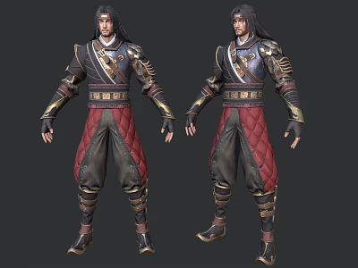 Man in Traditional Warrior Costume with Red Black Quilted Pants and Gold Decorative Armor Details 3d model