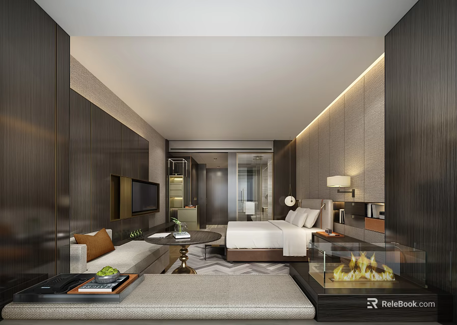 Modern Hotel Room Interior With King Bed Sofa Area Fireplace And TV 3d model 