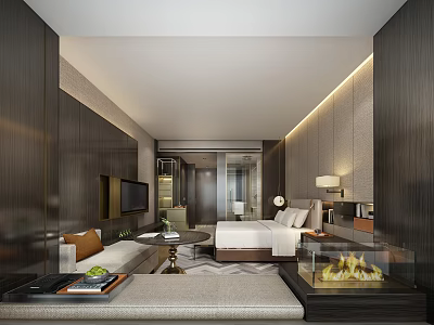 Modern Hotel Room Interior With King Bed Sofa Area Fireplace And TV 3d model