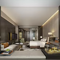 Modern Hotel Room Interior With King Bed Sofa Area Fireplace And TV