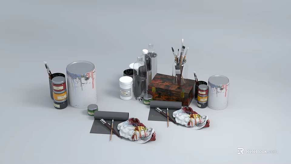 Artistic Pens and Brushes with Paint Cans Palettes and Wooden Storage Box on Gray Background 3d model 