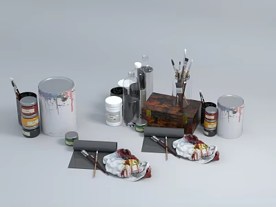 Artistic Pens and Brushes with Paint Cans Palettes and Wooden Storage Box on Gray Background 3d model