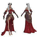 Elegant Horned Game Movie Character With White Long Hair Red Brown Outfit And Layered Skirt