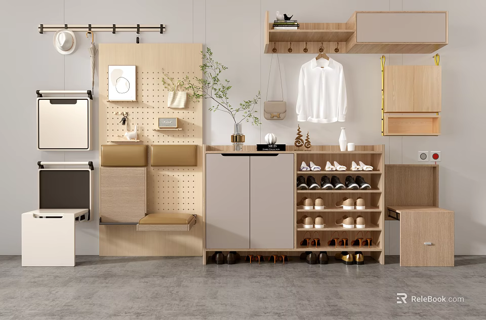 Modern Entryway Storage System Featuring Coat Rack Shoe Cabinet And Decorative Plants 3d model 