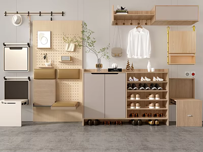 Modern Entryway Storage System Featuring Coat Rack Shoe Cabinet And Decorative Plants 3d model