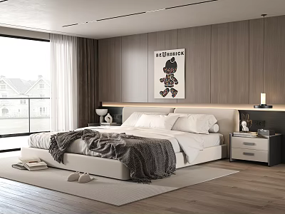 Modern Bedroom Double Bed with White Sheets Gray Blanket Wooden Wall Decorative Painting and Nightstands 3d model