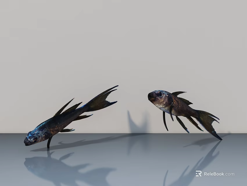 Two Dark Reptiles With Long Tails On Smooth Reflective Surface 3d model 