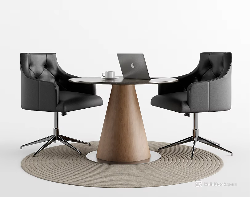 Modern Round Wooden Table And Black Leather Chairs With Laptop On Circular Rug 3d model 