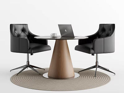 Modern Round Wooden Table And Black Leather Chairs With Laptop On Circular Rug 3d model