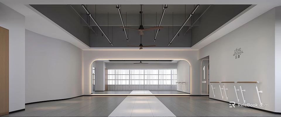 Spacious Fitness Studio Interior With Mirrors And Windows 3d model