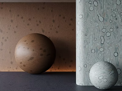 Decorative Interior Setup With Brown Spotted Sphere Light Gray Ring Patterned Sphere And Textured Walls 3d model