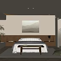 Modern Elegant Hotel Room With Beige Walls Bedhead Wall Bed Rug Plant And Artwork