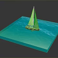 Miniature Sailboat Model Floating On Calm Blue Square Water Display Platform