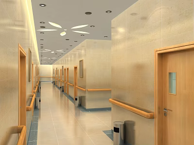 Elevator Hallway With Beige Walls Tiled Floor Wooden Doors And Handrails 3d model