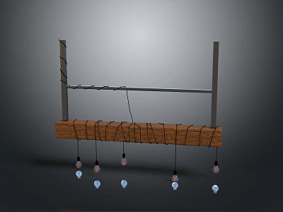 Modern Wooden Beam With Metal Frame Wall Mounted Hanging Furniture And Light Bulb Decorations 3d model