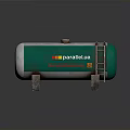 Green Cylindrical Storage Tank with Ladder and Concrete Supports Featuring Parallel UA Logo