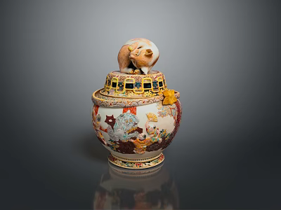 Decorative Ceramic Jar With Cat Figure Lid And Colorful Traditional Patterns 3d model