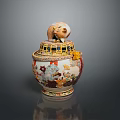 Decorative Ceramic Jar With Cat Figure Lid And Colorful Traditional Patterns