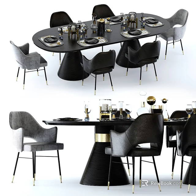Modern Luxury Dining Table Set With Black Tabletop Gray Black Chairs And Gold Legs 3d model 