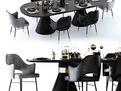 Modern Luxury Dining Table Set With Black Tabletop Gray Black Chairs And Gold Legs 3d model