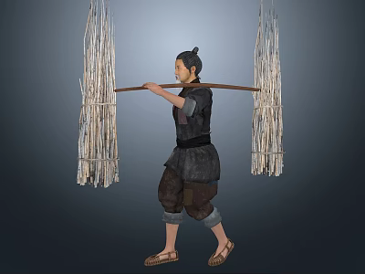 Man in Traditional Clothing Carrying Shoulder Pole With Net Bags on Both Ends 3d model