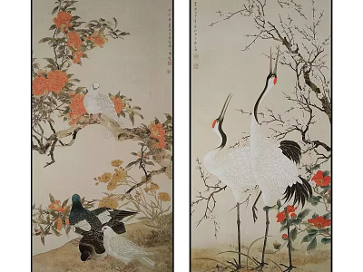 Traditional Chinese Painting Artwork Featuring Cranes Birds Red Flowers And Branches 3d model
