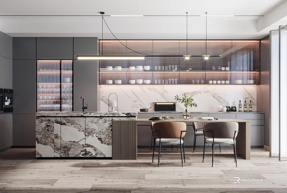 Modern Restaurant Interior Design With Marble Countertop Pendant Lights And Dining Table 3d model