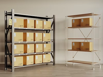 Metal Frame Multi Tiered Storage Display Shelves Holding Cardboard Boxes in Organized Storage Space 3d model