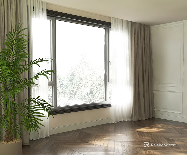 Elegant Modern Interior With Sheer And Gray Curtains Palm Plant By Window Herringbone Floor 3d model 