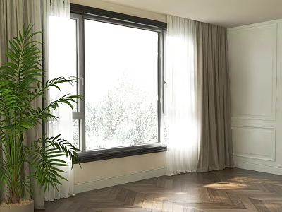 Elegant Modern Interior With Sheer And Gray Curtains Palm Plant By Window Herringbone Floor 3d model