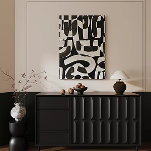 Wind Hanging Painting Black and White Decorative Painting End View Cabinet Dried Branches Vase Table Lamp 3d model
