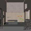 Modern Reception Area Interior With Sculptures Gray Sofa Stone Decor And Plant