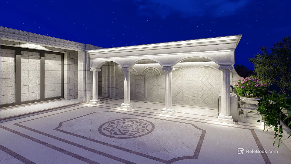 Elegant Courtyard Garden at Night with White Architecture Arched Portico Columns and Geometric Floor Pattern 3d model 