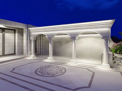 Elegant Courtyard Garden at Night with White Architecture Arched Portico Columns and Geometric Floor Pattern 3d model