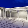Elegant Courtyard Garden at Night with White Architecture Arched Portico Columns and Geometric Floor Pattern