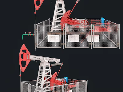 Industrial Drilling Equipment With Red White Structure And Metal Safety Fencing 3d model