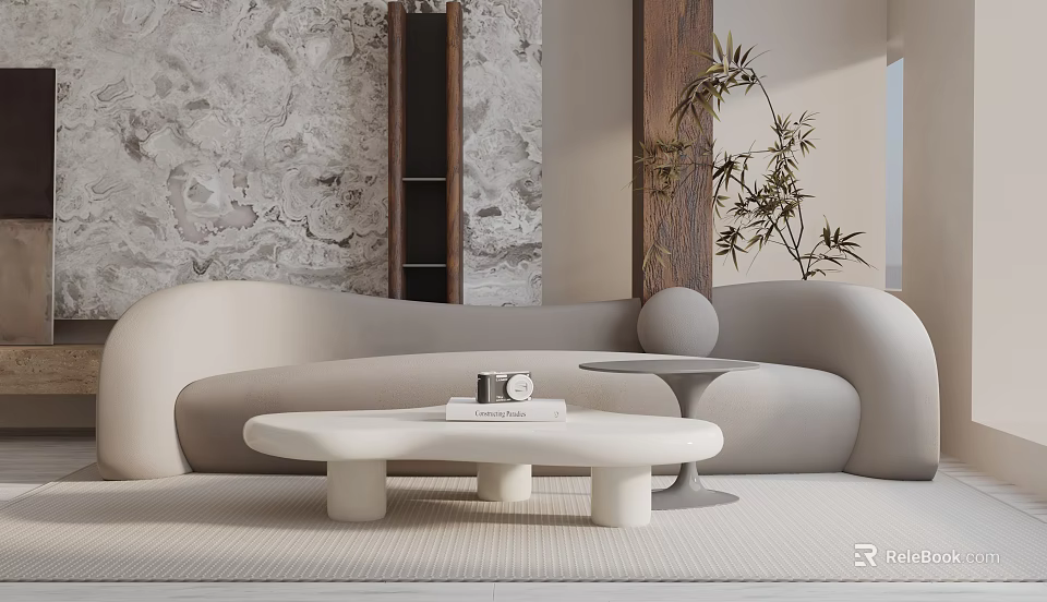 Beige Three Seater Sofa With White Round Coffee Table Stone Wall Wooden Column Green Plant 3d model 