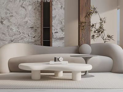 Beige Three Seater Sofa With White Round Coffee Table Stone Wall Wooden Column Green Plant 3d model