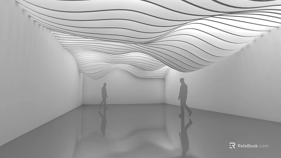 Modern Wavy Ceiling Design In Interior Space With People Walking And Smooth Floor Reflections 3d model